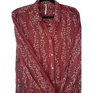 Free People Women's Floral Button Front Ruffle Trim Pintuck Shirt Dress Red Sz M